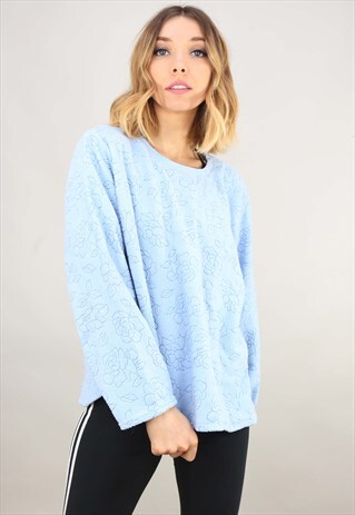 VINTAGE RETRO BLUE FLORAL PATTERNED FLEECE TOP