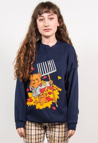 VINTAGE 90'S NAVY BLUE BEAR PRINT OVER SIZED CUTE SWEATSHIRT