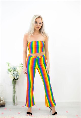 RAINBOW BANDEAU AND FLARED TROUSER SET