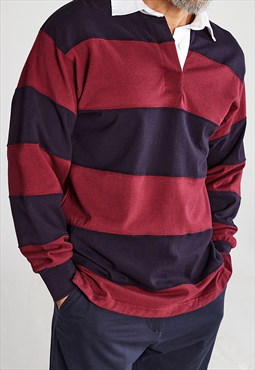 54 Floral Striped Long Sleeve Rugby Shirt - Maroon/Navy Blue