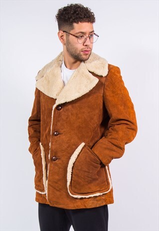 VINTAGE 70'S TAN SUEDE COAT WITH FAUX SHEARLING LINING