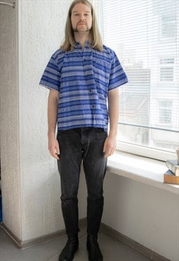 Vintage 70's Blue Patterned Bohemian Short Sleeved Shirt