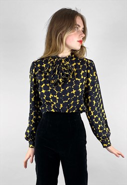 David Hayes 80's Black Yellow Pussy Bow Long Sleeve Blouse