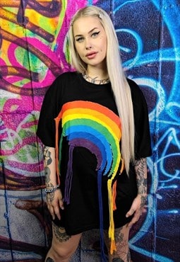Rainbow t-shirt robe top reworked thread patch tee in black