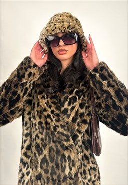 Vintage Brown Leopard Print Faux Fur Bucket Hat