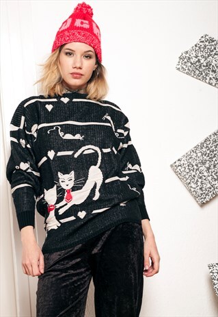 80S VINTAGE KNIT BUSINESS CAT JUMPER