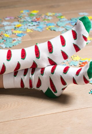 NOVELTY WOMENS COLOURFUL SOCKS WITH FUNKY WATERMELON EMOJI
