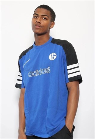 VINTAGE ADIDAS SCHALKE FOOTBALL LOGO T-SHIRT BLUE BLACK