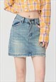 HIGH WAIST MINI DENIM SKIRT IN VINTAGE WASH BLUE