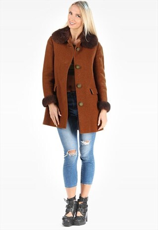 RETRO WOOL PEA COAT FUR COLLAR