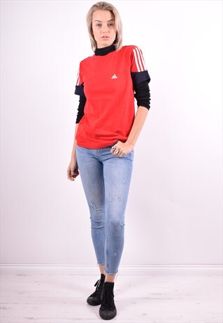 ADIDAS WOMENS VINTAGE T-SHIRT TOP MEDIUM RED 90'S