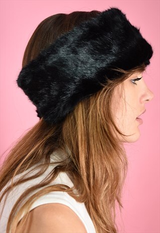 VINTAGE 90S FAUX FUR HEADBAND BLACK WARM WINTER