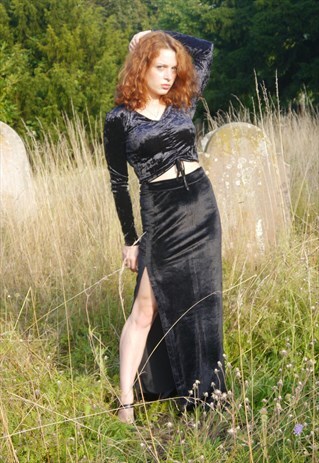 VINTAGE 90S VELVET TWO PIECE CO-ORD MAXI SLIT SKIRT TOP