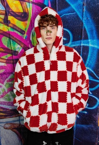 BIG CHECK FLEECE HOODED JACKET DETACHABLE CHECKBOARD BOMBER