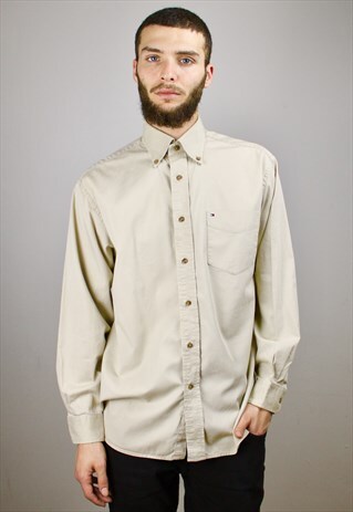 VINTAGE 90S TOMMY HILFIGER LOGO SHIRT BEIGE