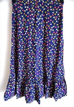 Vintage Floral Summer Skirt Midi Sun Flowers Blue Ruffle