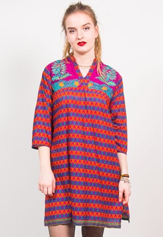 VINTAGE 90'S MULTICOLOUR FLORAL EMBROIDERED HIPPIE DRESS