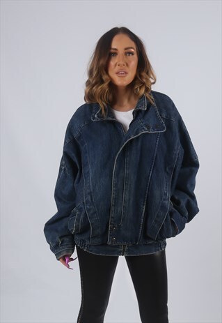 VINTAGE DENIM BOMBER JACKET OVERSIZED FITTED UK L 14 (KBI)