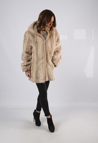 FAUX FUR COAT JACKET SHORT MID HOODED SEARS UK 16 (DJ7Z)