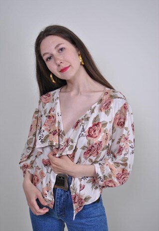 80S BEIGE RUFFLED FLORAL PATTERN BLOUSE, ONE SIZE