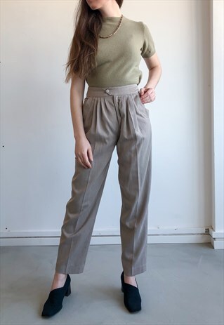 VINTAGE BEIGE HIGH WAIST STRAIGHT LEG SUIT TROUSER