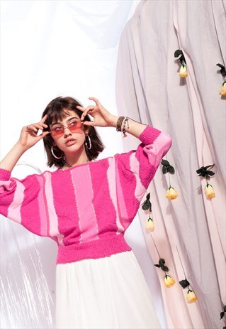 VINTAGE KNIT JUMPER 80S HANDMADE STRIPED PINK SWEATER