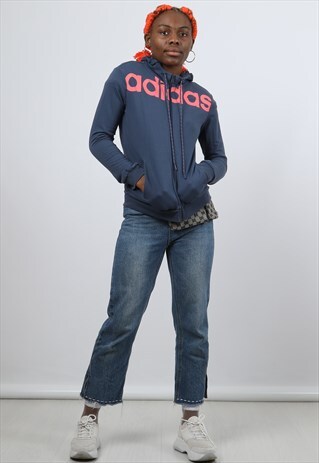 VINTAGE ADIDAS SMALL NAVY PRINTED ZIPPED HOODIE