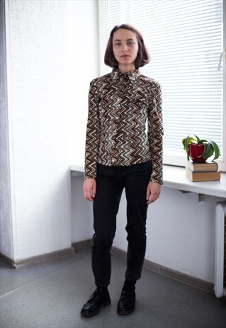 VINTAGE 70'S BROWN VELVET GEOMETRIC PRINT SHIRT