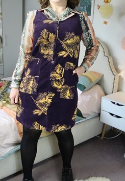 Retro 70s Purple Corduroy Cord Floral Pattern Pinafore Dress