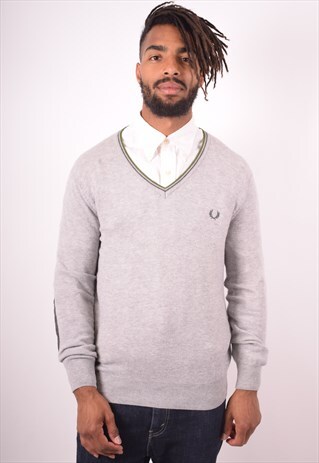 FRED PERRY MENS VINTAGE JUMPER SWEATER MEDIUM GREY 90S