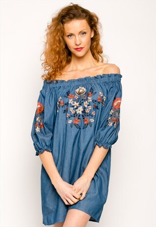 FLORAL EMBROIDER COTTON BLEND OFF SHOULDER DENIM DRESS