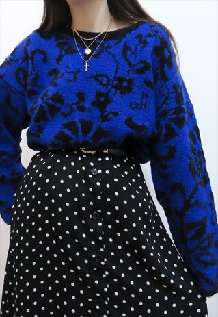 VINTAGE 90S DARK BLUE & BLACK FLORAL RETRO JUMPER