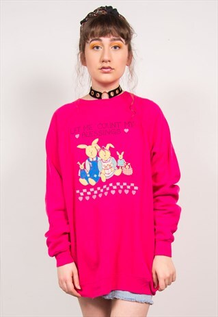 VINTAGE 90'S HOT PINK BUNNY PRINT CUTE SWEATSHIRT