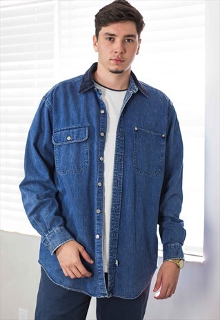 VINTAGE POLO RALPH LAUREN DENIM SHIRT LOGO 90S L 25.9