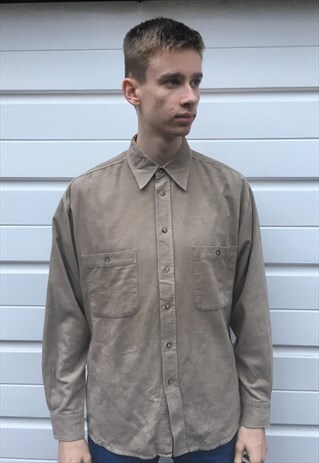 MENS VINTAGE BEIGE CORDUROY LONG SLEEVE BUTTON UP SHIRT TOP