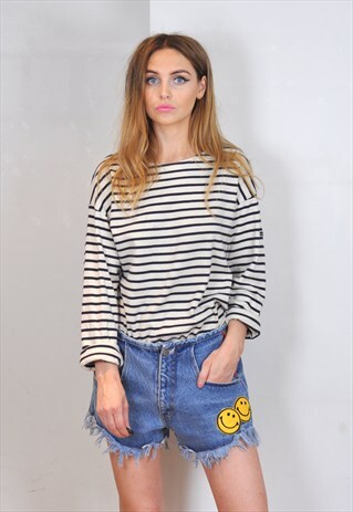 VINTAGE 90S BLUE FRAYED PATCHES DENIM SHORTS