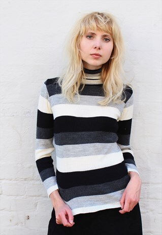 VINTAGE 70S MONOCHROME STRIPE TURTLE NECK JUMPER