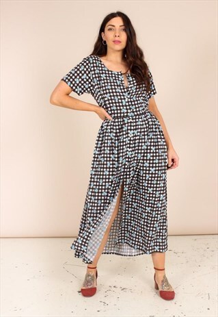 VINTAGE 90S GINGHAM PRINT MAXI DRESS WITH ROSE DETAILING