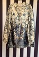 VINTAGE WHITE SATIN BLOUSE TUNIC WITH BLUE PAISLEY FLORAL
