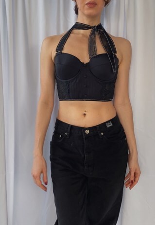 UPCYCLING HANDMADE CROPPED CORSET IN BLACK SATIN 80B/36B