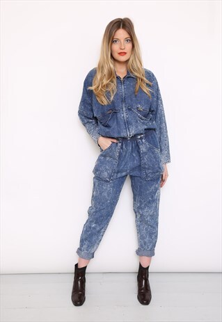 VINTAGE 80S ACID WASH DENIM BOILER SUIT JUMPSUIT