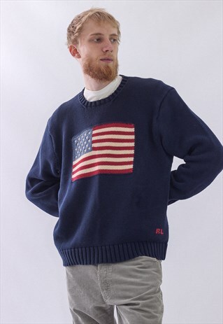 VINTAGE MENS RALPH LAUREN BIG LOGO USA KNIT JUMPER SWEATER