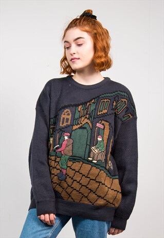 VINTAGE 90'S DARK GREY SCENE KNIT GRUNGE JUMPER