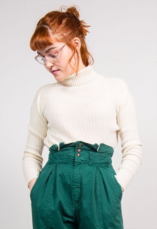 90'S VINTAGE RIBBED CREAM ROLL NECK TOP JUMPER