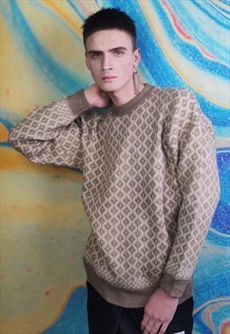 Geometric sweater 90s retro diamond jumper in dirty brown