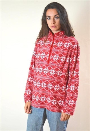 90S VINTAGE RED AND WHITE LANDS' END PRINTED 1/4 ZIP FLEECE