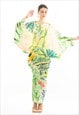 Leaves and Floral Scarf Pirnt Pleated Dress in Kimono sleeve