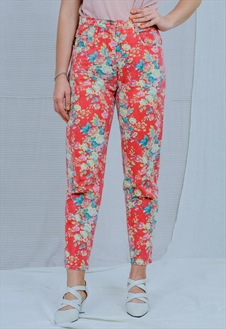 FLORAL JEANS W32 L28 MOM PRINTED PANTS VINTAGE RED FLOWERS