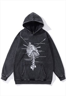 Bones print hoodie ribs pullover Gothic punk jumper in grey