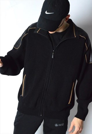VINTAGE BLACK KNIT THICK WOOL BLEND LEATHER DETAIL JACKET